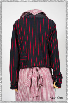 Limited Edition Gilbert Cardigan in National Seashore and Red Stripe Knit; Pierrepont Sash in National Seashore Pinstripe Voile; Viv Frock in Red Sky at Night Stripe. Ivey Abitz bespoke clothing.