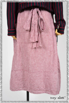 Limited Edition Gilbert Cardigan in National Seashore and Red Stripe Knit; Pierrepont Sash in National Seashore Pinstripe Voile; Viv Frock in Red Sky at Night Stripe. Ivey Abitz bespoke clothing.