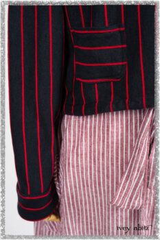 Limited Edition Gilbert Cardigan in National Seashore and Red Stripe Knit; Pierrepont Sash in National Seashore Pinstripe Voile; Viv Frock in Red Sky at Night Stripe. Ivey Abitz bespoke clothing.