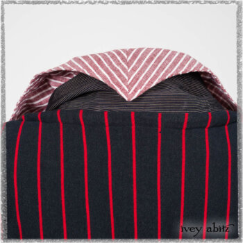 Limited Edition Gilbert Cardigan in National Seashore and Red Stripe Knit; Pierrepont Sash in National Seashore Pinstripe Voile; Viv Frock in Red Sky at Night Stripe. Ivey Abitz bespoke clothing.
