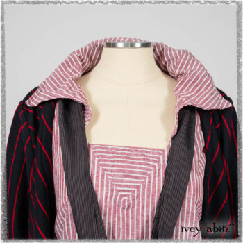 Limited Edition Gilbert Cardigan in National Seashore and Red Stripe Knit; Pierrepont Sash in National Seashore Pinstripe Voile; Viv Frock in Red Sky at Night Stripe. Ivey Abitz bespoke clothing.