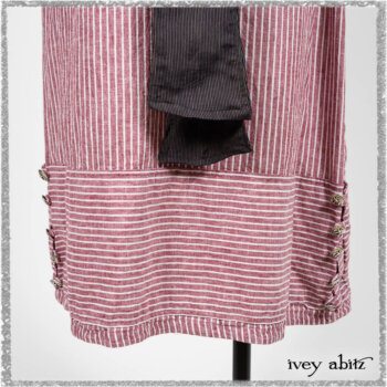 Limited Edition Gilbert Cardigan in National Seashore and Red Stripe Knit; Pierrepont Sash in National Seashore Pinstripe Voile; Viv Frock in Red Sky at Night Stripe. Ivey Abitz bespoke clothing.