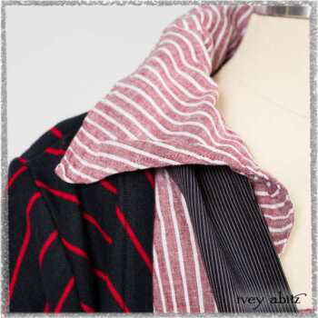 Limited Edition Gilbert Cardigan in National Seashore and Red Stripe Knit; Pierrepont Sash in National Seashore Pinstripe Voile; Viv Frock in Red Sky at Night Stripe. Ivey Abitz bespoke clothing.