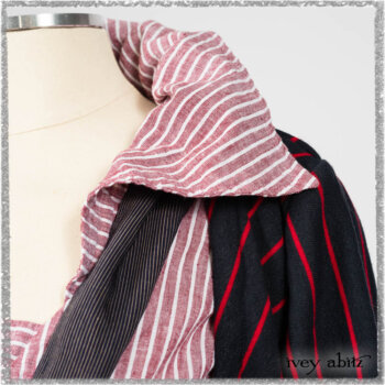Limited Edition Gilbert Cardigan in National Seashore and Red Stripe Knit; Pierrepont Sash in National Seashore Pinstripe Voile; Viv Frock in Red Sky at Night Stripe. Ivey Abitz bespoke clothing.