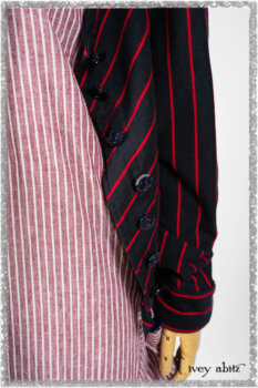 Limited Edition Gilbert Cardigan in National Seashore and Red Stripe Knit; Pierrepont Sash in National Seashore Pinstripe Voile; Viv Frock in Red Sky at Night Stripe. Ivey Abitz bespoke clothing.