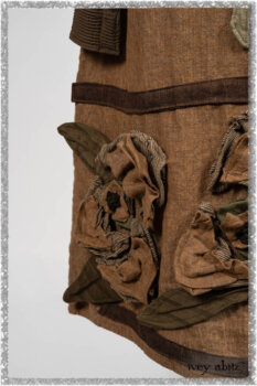 Porte Cochere Jacket in Earthen Ribbed Weave; Saint Ans Frock in Chestnut Tree Wondrous Washed Linen with handsculpted details in rare weaves; Saint Ans Sash in Woodlawn Melange Knit. Ivey Abitz bespoke clothing.
