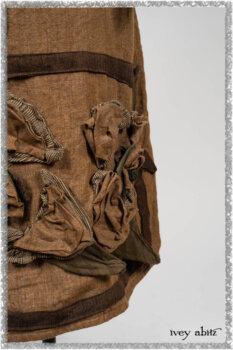 Porte Cochere Jacket in Earthen Ribbed Weave; Saint Ans Frock in Chestnut Tree Wondrous Washed Linen with handsculpted details in rare weaves; Saint Ans Sash in Woodlawn Melange Knit. Ivey Abitz bespoke clothing.