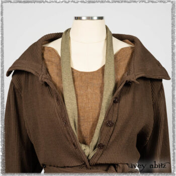 Porte Cochere Jacket in Earthen Ribbed Weave; Saint Ans Frock in Chestnut Tree Wondrous Washed Linen with handsculpted details in rare weaves; Saint Ans Sash in Woodlawn Melange Knit. Ivey Abitz bespoke clothing.