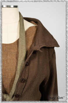 Porte Cochere Jacket in Earthen Ribbed Weave; Saint Ans Frock in Chestnut Tree Wondrous Washed Linen with handsculpted details in rare weaves; Saint Ans Sash in Woodlawn Melange Knit. Ivey Abitz bespoke clothing.