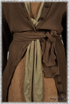 Porte Cochere Jacket in Earthen Ribbed Weave; Saint Ans Frock in Chestnut Tree Wondrous Washed Linen with handsculpted details in rare weaves; Saint Ans Sash in Woodlawn Melange Knit. Ivey Abitz bespoke clothing.