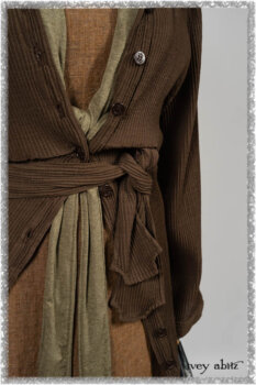 Porte Cochere Jacket in Earthen Ribbed Weave; Saint Ans Frock in Chestnut Tree Wondrous Washed Linen with handsculpted details in rare weaves; Saint Ans Sash in Woodlawn Melange Knit. Ivey Abitz bespoke clothing.
