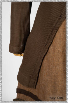 Porte Cochere Jacket in Earthen Ribbed Weave; Saint Ans Frock in Chestnut Tree Wondrous Washed Linen with handsculpted details in rare weaves; Saint Ans Sash in Woodlawn Melange Knit. Ivey Abitz bespoke clothing.