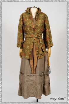 Grasmere Shirt in Woodlawn Vine Embroidered Washed Silk; Saint Ans Sash in Chestnut Tree Melange Knit; Hudson Frock in Earthen Washed Stripe Linen. Ivey Abitz bespoke clothing.