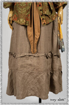 Grasmere Shirt in Woodlawn Vine Embroidered Washed Silk; Saint Ans Sash in Chestnut Tree Melange Knit; Hudson Frock in Earthen Washed Stripe Linen. Ivey Abitz bespoke clothing.