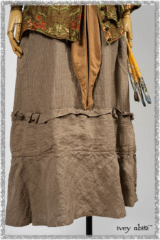 Grasmere Shirt in Woodlawn Vine Embroidered Washed Silk; Saint Ans Sash in Chestnut Tree Melange Knit; Hudson Frock in Earthen Washed Stripe Linen. Ivey Abitz bespoke clothing.