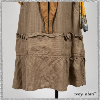 Grasmere Shirt in Woodlawn Vine Embroidered Washed Silk; Saint Ans Sash in Chestnut Tree Melange Knit; Hudson Frock in Earthen Washed Stripe Linen. Ivey Abitz bespoke clothing.