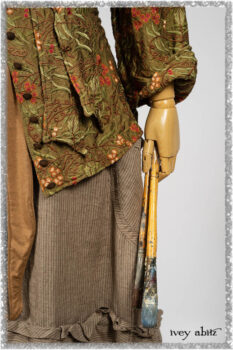 Grasmere Shirt in Woodlawn Vine Embroidered Washed Silk; Saint Ans Sash in Chestnut Tree Melange Knit; Hudson Frock in Earthen Washed Stripe Linen. Ivey Abitz bespoke clothing.