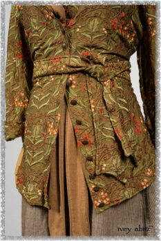 Grasmere Shirt in Woodlawn Vine Embroidered Washed Silk; Saint Ans Sash in Chestnut Tree Melange Knit; Hudson Frock in Earthen Washed Stripe Linen. Ivey Abitz bespoke clothing.