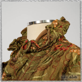 Grasmere Shirt in Woodlawn Vine Embroidered Washed Silk; Saint Ans Sash in Chestnut Tree Melange Knit; Hudson Frock in Earthen Washed Stripe Linen. Ivey Abitz bespoke clothing.