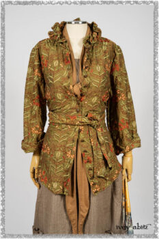 Grasmere Shirt in Woodlawn Vine Embroidered Washed Silk; Saint Ans Sash in Chestnut Tree Melange Knit; Hudson Frock in Earthen Washed Stripe Linen. Ivey Abitz bespoke clothing.