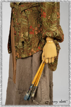 Grasmere Shirt in Woodlawn Vine Embroidered Washed Silk; Saint Ans Sash in Chestnut Tree Melange Knit; Hudson Frock in Earthen Washed Stripe Linen. Ivey Abitz bespoke clothing.