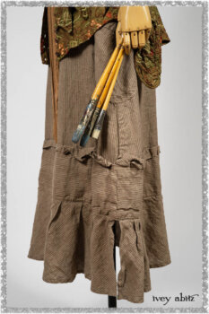 Grasmere Shirt in Woodlawn Vine Embroidered Washed Silk; Saint Ans Sash in Chestnut Tree Melange Knit; Hudson Frock in Earthen Washed Stripe Linen. Ivey Abitz bespoke clothing.