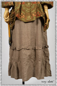 Grasmere Shirt in Woodlawn Vine Embroidered Washed Silk; Saint Ans Sash in Chestnut Tree Melange Knit; Hudson Frock in Earthen Washed Stripe Linen. Ivey Abitz bespoke clothing.