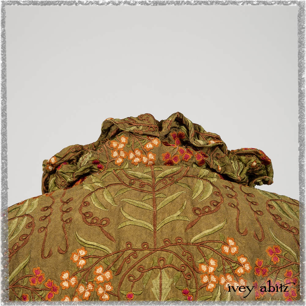 Grasmere Shirt in Woodlawn Vine Embroidered Washed Silk; Saint Ans Sash in Chestnut Tree Melange Knit; Hudson Frock in Earthen Washed Stripe Linen. Ivey Abitz bespoke clothing.