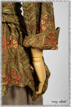 Grasmere Shirt in Woodlawn Vine Embroidered Washed Silk; Saint Ans Sash in Chestnut Tree Melange Knit; Hudson Frock in Earthen Washed Stripe Linen. Ivey Abitz bespoke clothing.