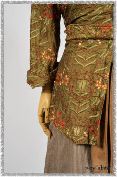 Grasmere Shirt in Woodlawn Vine Embroidered Washed Silk; Saint Ans Sash in Chestnut Tree Melange Knit; Hudson Frock in Earthen Washed Stripe Linen. Ivey Abitz bespoke clothing.