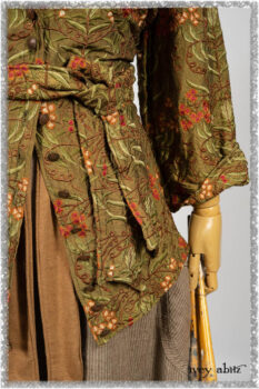 Grasmere Shirt in Woodlawn Vine Embroidered Washed Silk; Saint Ans Sash in Chestnut Tree Melange Knit; Hudson Frock in Earthen Washed Stripe Linen. Ivey Abitz bespoke clothing.