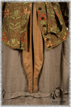 Grasmere Shirt in Woodlawn Vine Embroidered Washed Silk; Saint Ans Sash in Chestnut Tree Melange Knit; Hudson Frock in Earthen Washed Stripe Linen. Ivey Abitz bespoke clothing.