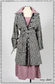 Viv Coat Dress in National Seashore Floral Jacquard; Pierrepont Sash in National Seashore Pinstripe Voile; Viv Frock in Red Sky at Night Stripe. Ivey Abitz bespoke clothing.