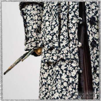 Viv Coat Dress in National Seashore Floral Jacquard; Pierrepont Sash in National Seashore Pinstripe Voile; Viv Frock in Red Sky at Night Stripe. Ivey Abitz bespoke clothing.