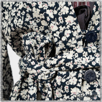 Viv Coat Dress in National Seashore Floral Jacquard; Pierrepont Sash in National Seashore Pinstripe Voile; Viv Frock in Red Sky at Night Stripe. Ivey Abitz bespoke clothing.