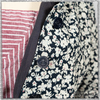 Viv Coat Dress in National Seashore Floral Jacquard; Pierrepont Sash in National Seashore Pinstripe Voile; Viv Frock in Red Sky at Night Stripe. Ivey Abitz bespoke clothing.