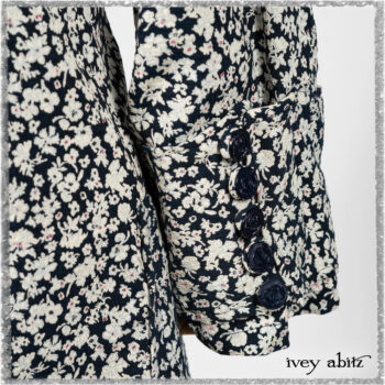 Viv Coat Dress in National Seashore Floral Jacquard; Pierrepont Sash in National Seashore Pinstripe Voile; Viv Frock in Red Sky at Night Stripe. Ivey Abitz bespoke clothing.