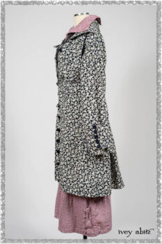 Viv Coat Dress in National Seashore Floral Jacquard; Pierrepont Sash in National Seashore Pinstripe Voile; Viv Frock in Red Sky at Night Stripe. Ivey Abitz bespoke clothing.