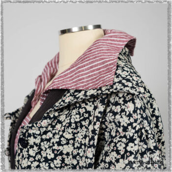 Viv Coat Dress in National Seashore Floral Jacquard; Pierrepont Sash in National Seashore Pinstripe Voile; Viv Frock in Red Sky at Night Stripe. Ivey Abitz bespoke clothing.