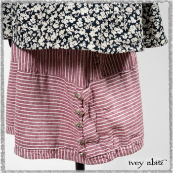 Viv Coat Dress in National Seashore Floral Jacquard; Pierrepont Sash in National Seashore Pinstripe Voile; Viv Frock in Red Sky at Night Stripe. Ivey Abitz bespoke clothing.