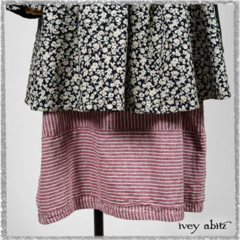 Viv Coat Dress in National Seashore Floral Jacquard; Pierrepont Sash in National Seashore Pinstripe Voile; Viv Frock in Red Sky at Night Stripe. Ivey Abitz bespoke clothing.