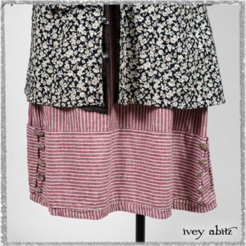 Viv Coat Dress in National Seashore Floral Jacquard; Pierrepont Sash in National Seashore Pinstripe Voile; Viv Frock in Red Sky at Night Stripe. Ivey Abitz bespoke clothing.