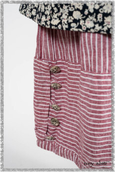 Viv Coat Dress in National Seashore Floral Jacquard; Pierrepont Sash in National Seashore Pinstripe Voile; Viv Frock in Red Sky at Night Stripe. Ivey Abitz bespoke clothing.