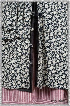 Viv Coat Dress in National Seashore Floral Jacquard; Pierrepont Sash in National Seashore Pinstripe Voile; Viv Frock in Red Sky at Night Stripe. Ivey Abitz bespoke clothing.