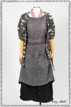 Elliot Jacket in Beacon Flora and Fauna Knit; Bramley Overlay in Black White Painted Puckery Weave; Clotaire Sash in Red Sky at Night Yarn Dyed Weave; Mewland Skirt in Black Washed Crinkled Linen. Ivey Abitz bespoke clothing.