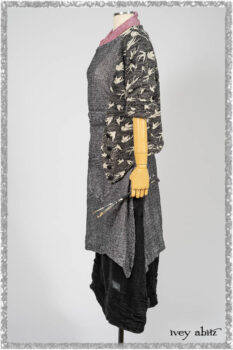 Elliot Jacket in Beacon Flora and Fauna Knit; Bramley Overlay in Black White Painted Puckery Weave; Clotaire Sash in Red Sky at Night Yarn Dyed Weave; Mewland Skirt in Black Washed Crinkled Linen. Ivey Abitz bespoke clothing.