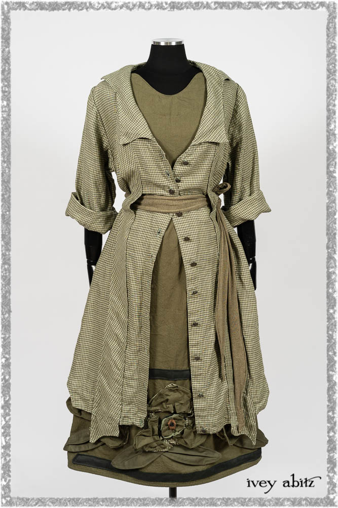 Vanetten Duster Coat in Seagrass Petite Check Linen; Saint Ans Sash in Woodlawn Melange Knit; Saint Ans Frock in Seagrass Crushed Cotton with mix of sculptural details created in rare weaves. Ivey Abitz bespoke clothing.