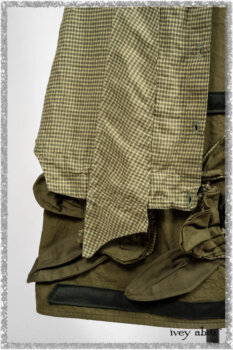 Vanetten Duster Coat in Seagrass Petite Check Linen; Saint Ans Sash in Woodlawn Melange Knit; Saint Ans Frock in Seagrass Crushed Cotton with mix of sculptural details created in rare weaves. Ivey Abitz bespoke clothing.