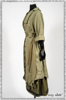 Vanetten Duster Coat in Seagrass Petite Check Linen; Saint Ans Sash in Woodlawn Melange Knit; Saint Ans Frock in Seagrass Crushed Cotton with mix of sculptural details created in rare weaves. Ivey Abitz bespoke clothing.