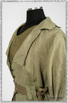 Vanetten Duster Coat in Seagrass Petite Check Linen; Saint Ans Sash in Woodlawn Melange Knit; Saint Ans Frock in Seagrass Crushed Cotton with mix of sculptural details created in rare weaves. Ivey Abitz bespoke clothing.